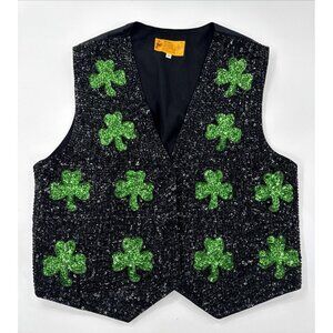 Vintage Jc Shamrock St Patricks Day Sequin Vest XL Clover Green Black Formal